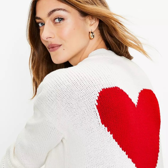 LOFT Sweaters - LOFT White and Red Heart Cardigan Sweater